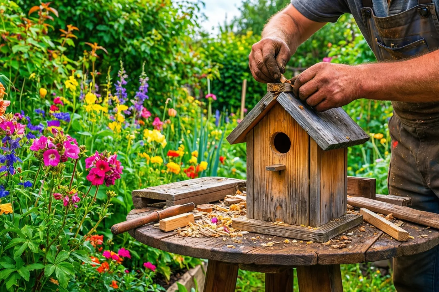 Iemand met verweerde handen zet een houten vogelhuisje in elkaar op een rustieke werkbank in een tuin met roze en gele bloemen.