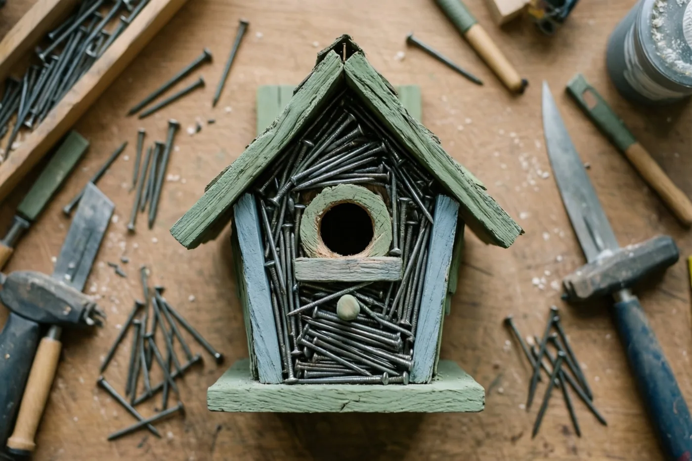 Een klein zelfgemaakt vogelhuisje met een scheef dak en vol spijkers staat tussen gereedschap op een houten werkbank.