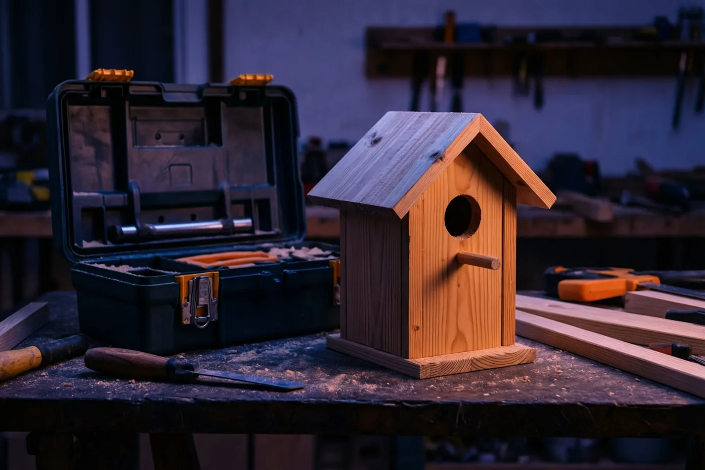 Een houten vogelhuisje met een zadeldak staat naast een open gereedschapskist in een schemerige werkplaats, met gereedschap en houtkrullen op de werkbank.