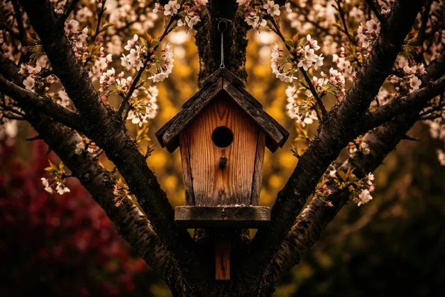 Een houten vogelhuisje hangt aan een tak met roze en witte bloesems in een zacht verlichte tuin met goudkleurige en dieprode tinten.