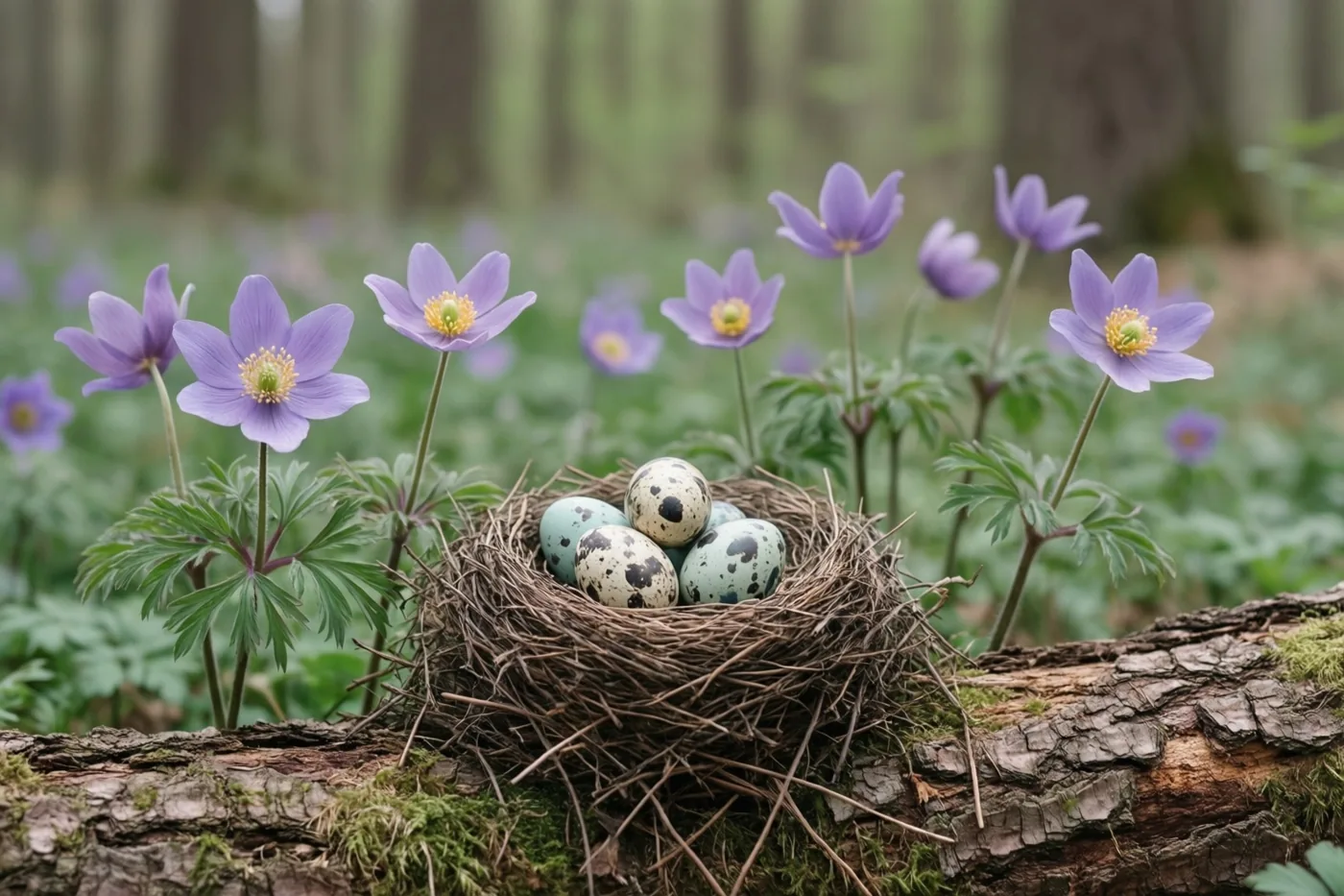 Een vogelnest met gespikkelde eieren ligt op een bemoste omgevallen boomstam op een open plek in het bos, omringd door paarse anemonen en met wazige bomen op de achtergrond.