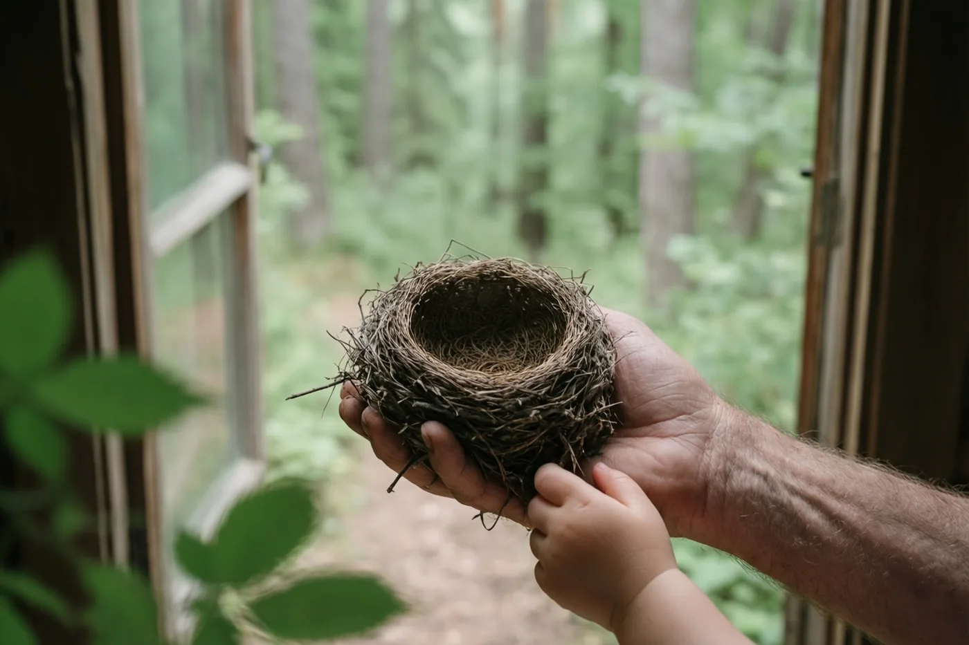 Een volwassen hand en een kinderhand houden een leeg vogelnest vast voor een open raam dat uitkijkt op een bos in groene en bruine tinten.