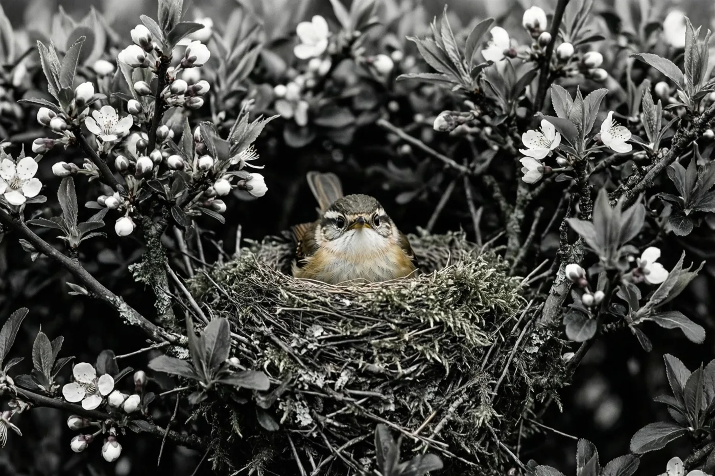Een klein vogeltje zit in een met mos bedekt nest tussen bloeiende takken, in een grotendeels zwart-witbeeld waarin de borst van het vogeltje een warme kleur heeft.