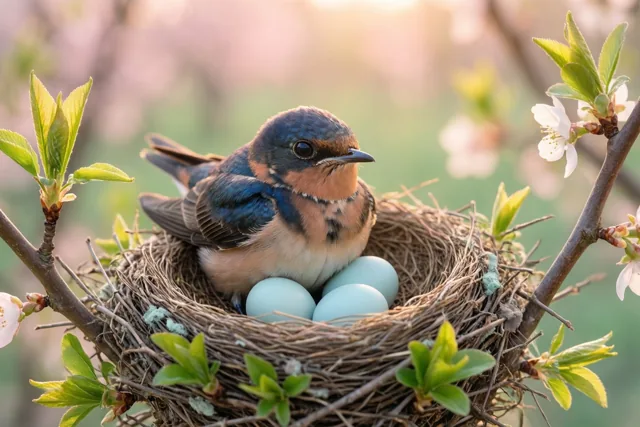 Een klein blauw-oranje vogeltje zit in een gevlochten nest met drie lichtblauwe eitjes, omringd door groene bladeren en witte bloesems in zacht zonlicht.