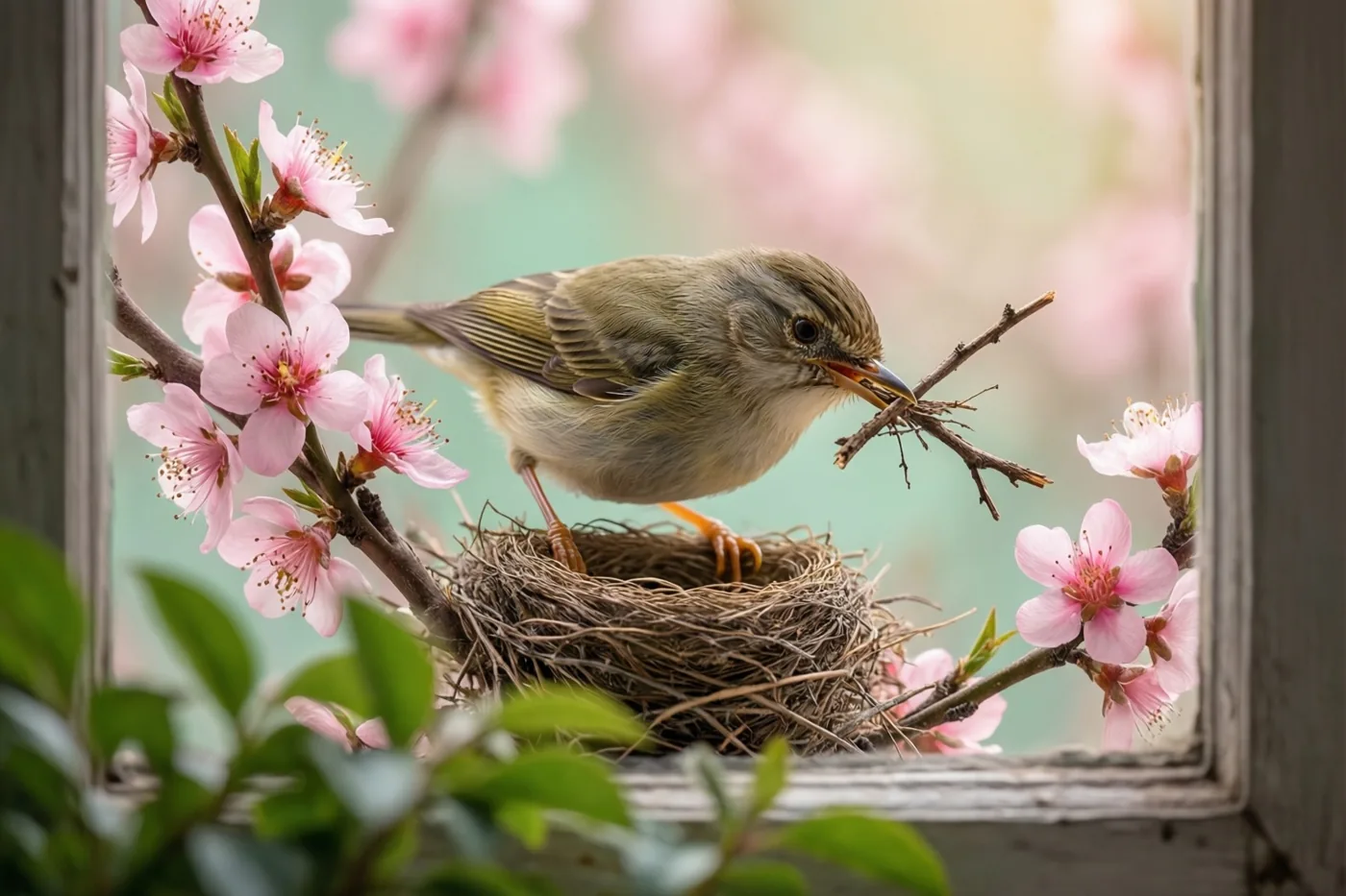 Door een raamkader is een olijfgroen en bruin vogeltje te zien dat met een takje in de bek op een takkennest staat tussen roze bloesems.