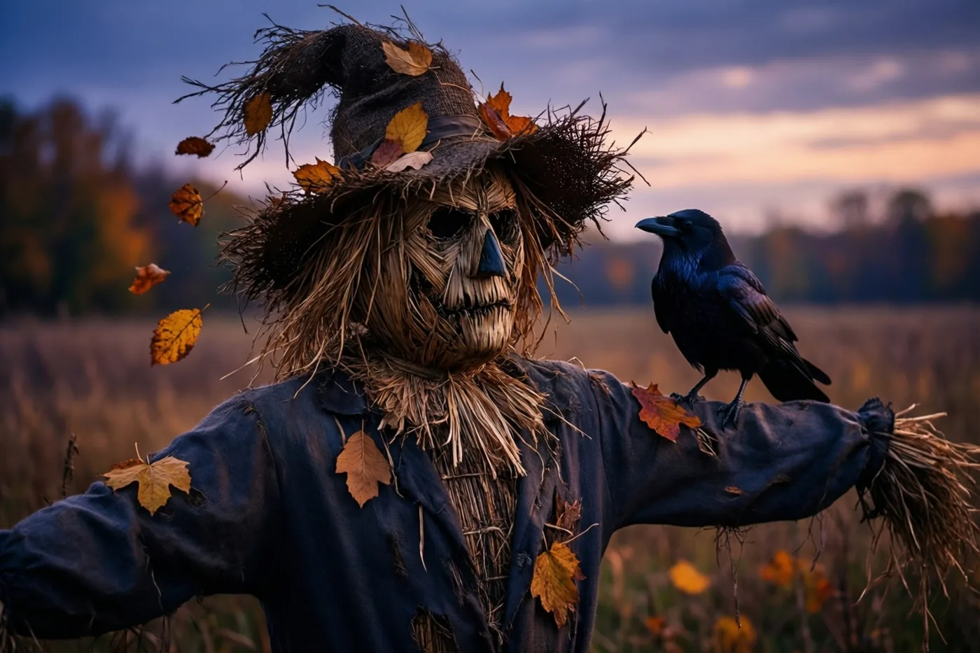 Een vogelverschrikker met een strooien gezicht en een hoed met herfstbladeren staat met een zwarte kraai op zijn arm in een veld onder een bewolkte schemerlucht.