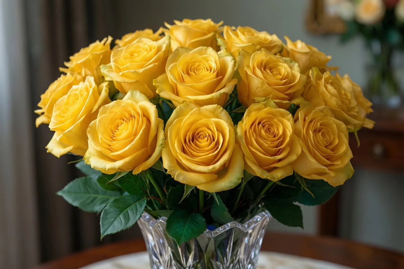 Een weelderig boeket goudgele rozen staat in een geslepen kristallen vaas op een houten tafel, met onscherpe gordijnen en een deel van een ander bloemstuk op de achtergrond.