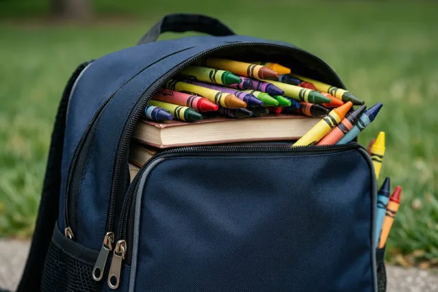 Een donkerblauwe boekentas puilt uit van de kleurrijke waskrijtjes en boeken, met onscherp groen gras op de achtergrond.