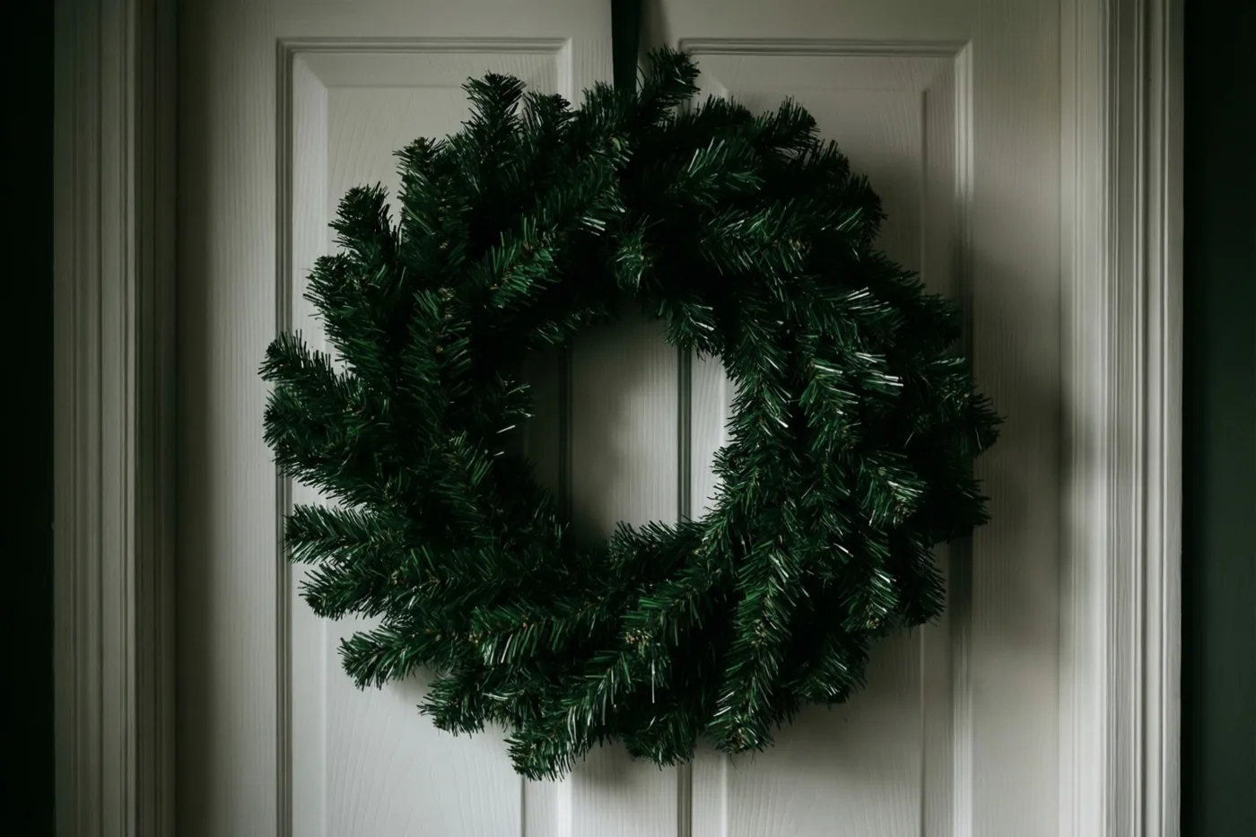 Een diepgroene kerstkrans met een volle structuur hangt midden op een witte paneeldeur in gedempt licht.