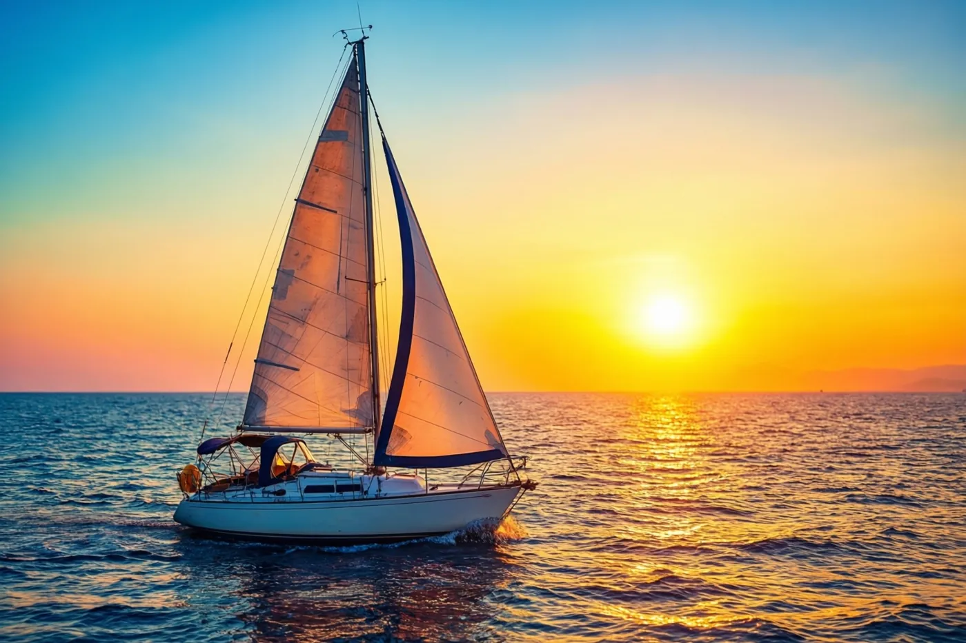 Een zeilboot met volle zeilen vaart op zee bij een laagstaande zon die goud licht over het water werpt, onder een blauwe, oranje en gele lucht.