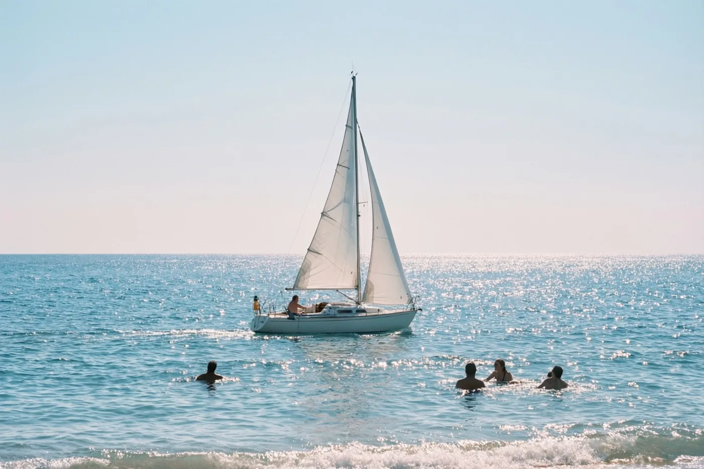 Een witte zeilboot met volle zeilen glijdt over een glinsterende blauwe zee onder een heldere lucht, met zwemmers bij de oever op de voorgrond.