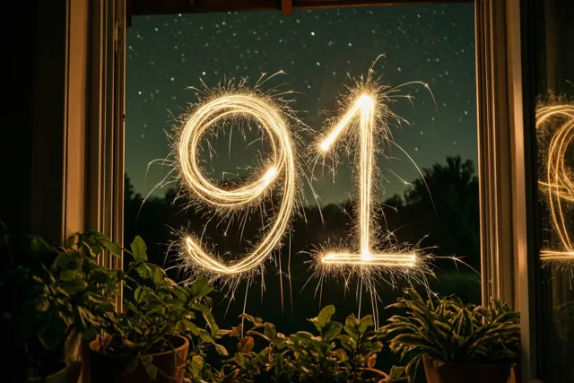 Door een raam met kamerplanten zijn gouden lichtsporen in de vorm van 91 te zien tegen een sterrenhemel.