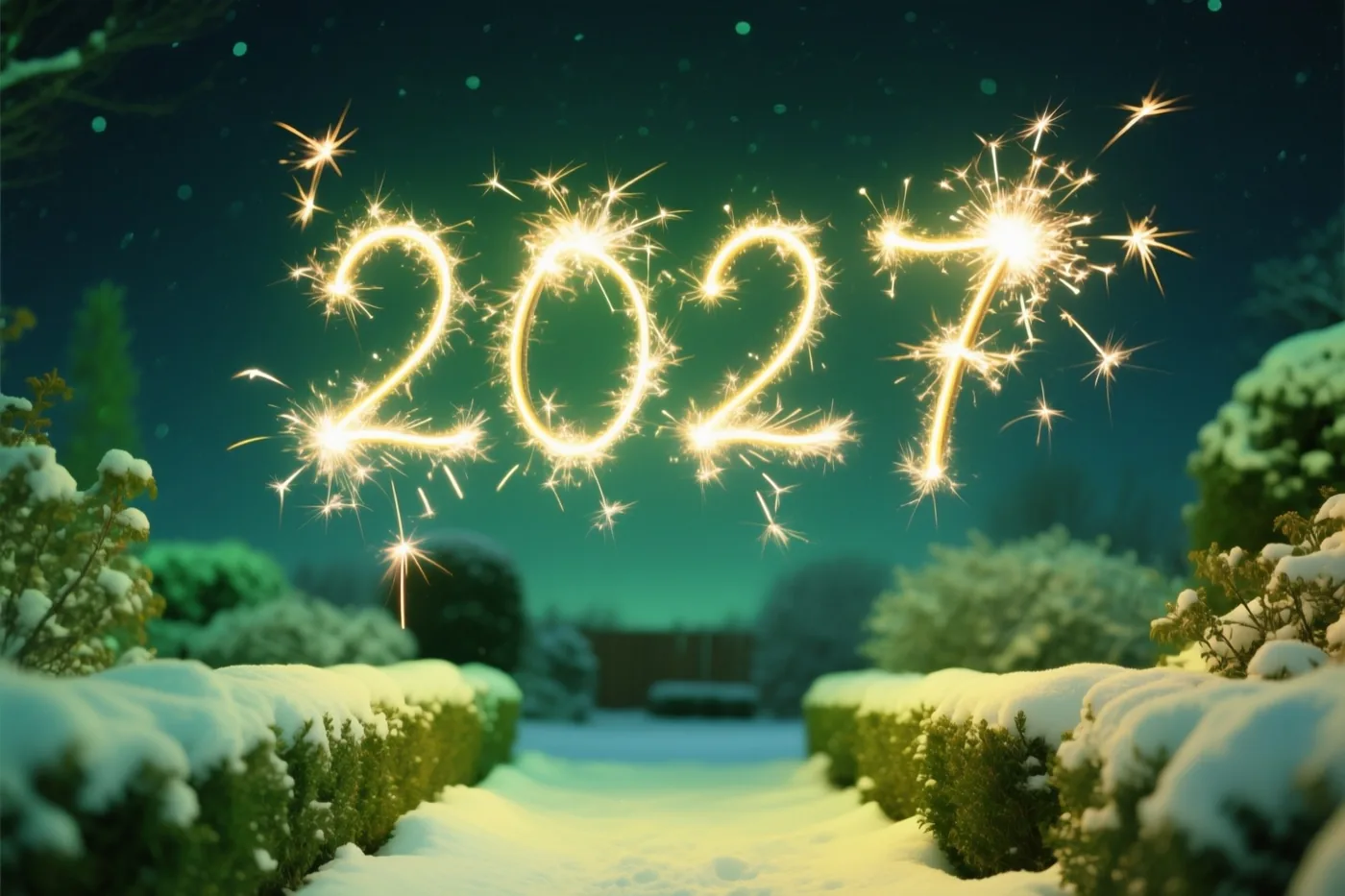 Sterretjes vormen 2027 boven een besneeuwd tuinpad met struiken, met warme gele vonken tegen een donkere blauwgroene nachthemel.