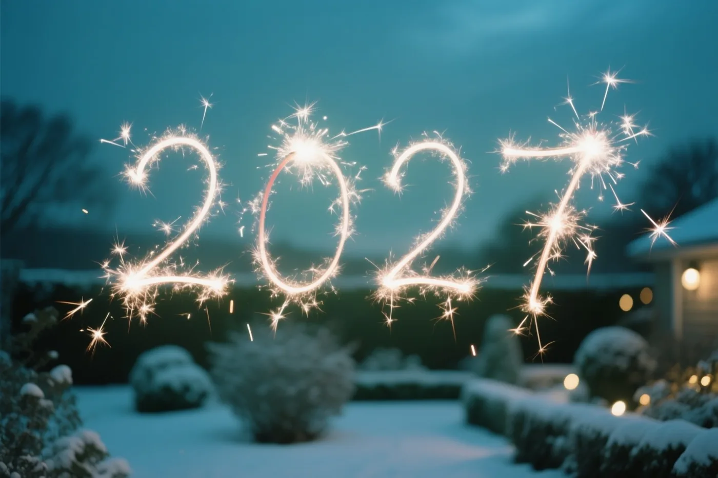 Gloeiende sterretjes vormen 2027 tegen een donkerblauwe nachthemel boven een besneeuwde tuin, met zacht licht van een huis op de achtergrond.
