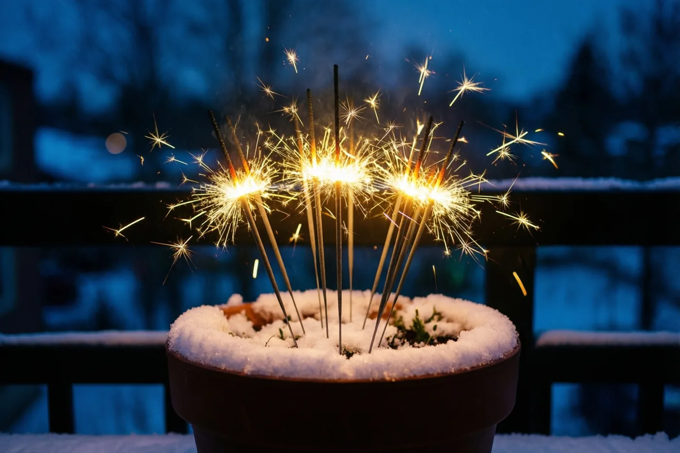 Brandende sterretjes in een besneeuwde bloempot op een balkon verspreiden gouden vonken tegen een donkerblauwe nachtelijke achtergrond met een houten leuning.