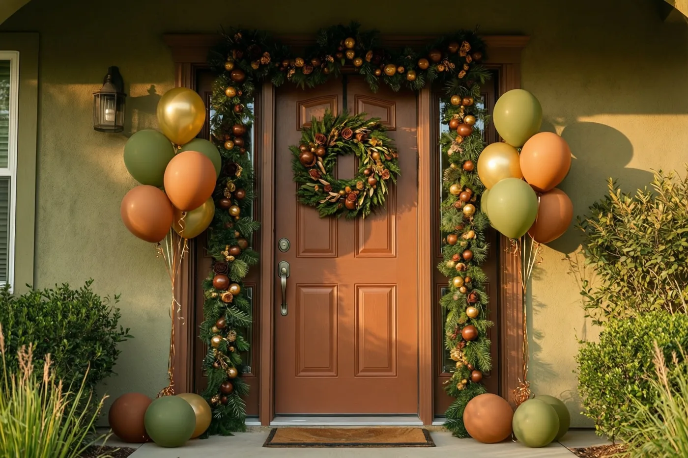 Een voordeur op een veranda is versierd met een slinger en groepen ballonnen in aardetinten, met warm licht en groen aan weerszijden.