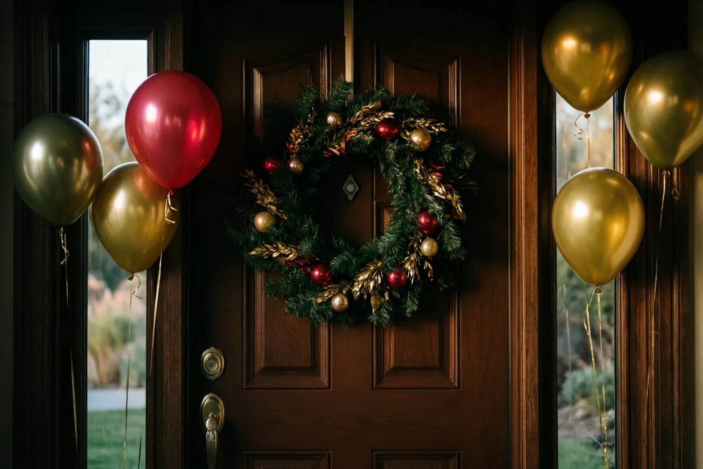 Een donkerhouten voordeur draagt een groene kerstkrans met rode en gouden versieringen, met aan weerszijden glanzende rode en gouden ballonnen.