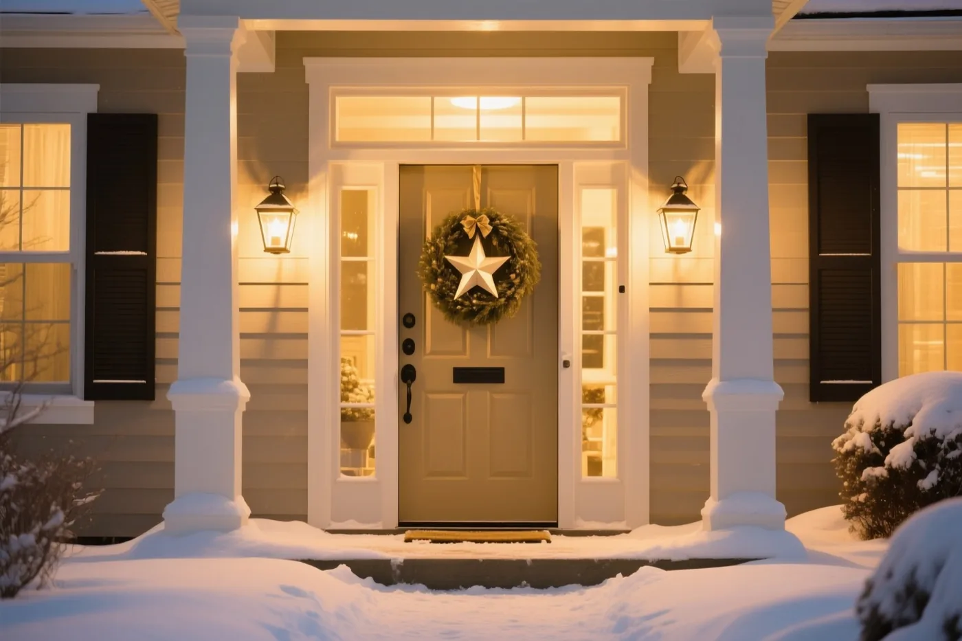 Een warm verlichte voordeur draagt een groene krans met een witte ster, aan een huis met beige gevelbekleding, witte afwerking en zwarte luiken op een besneeuwde avond.
