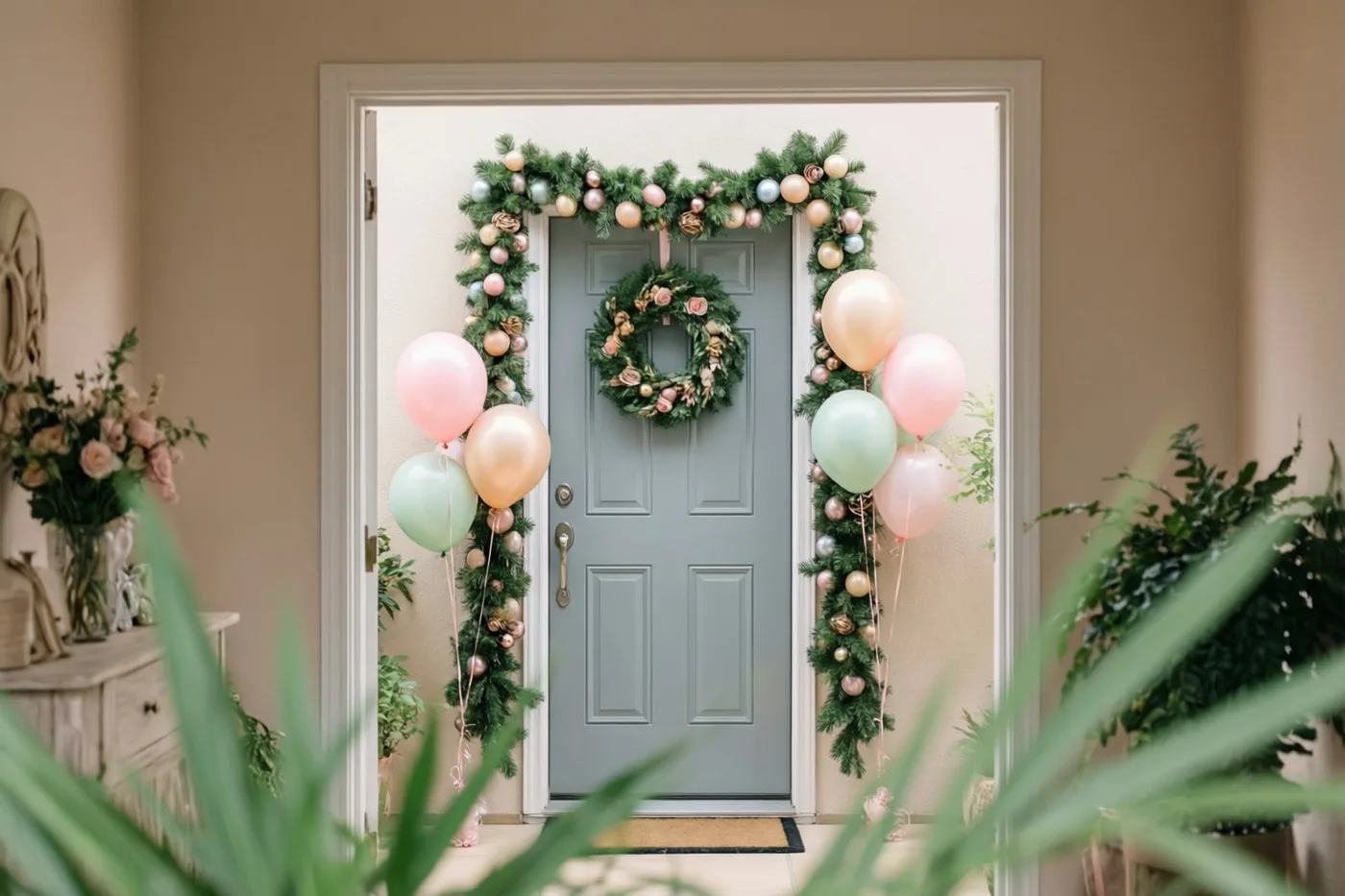 Een voordeur is versierd met een groene slinger, pastelballonnen en een bijpassende krans in een warm verlichte inkom met planten en beige muren.