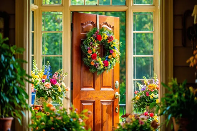 Een houten voordeur met een kleurrijke bloemenkrans staat op een kier, omlijst door een groot raam met meerdere ruiten en potten vol bloemen aan weerszijden, met groen buiten.