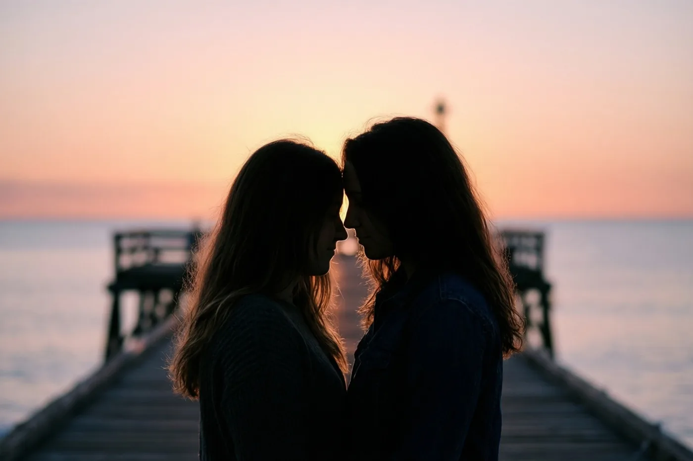 Twee silhouetten staan dicht bij elkaar aan het einde van een houten pier, met hun voorhoofden tegen elkaar voor een oranje en roze avondhemel boven een kalme zee.