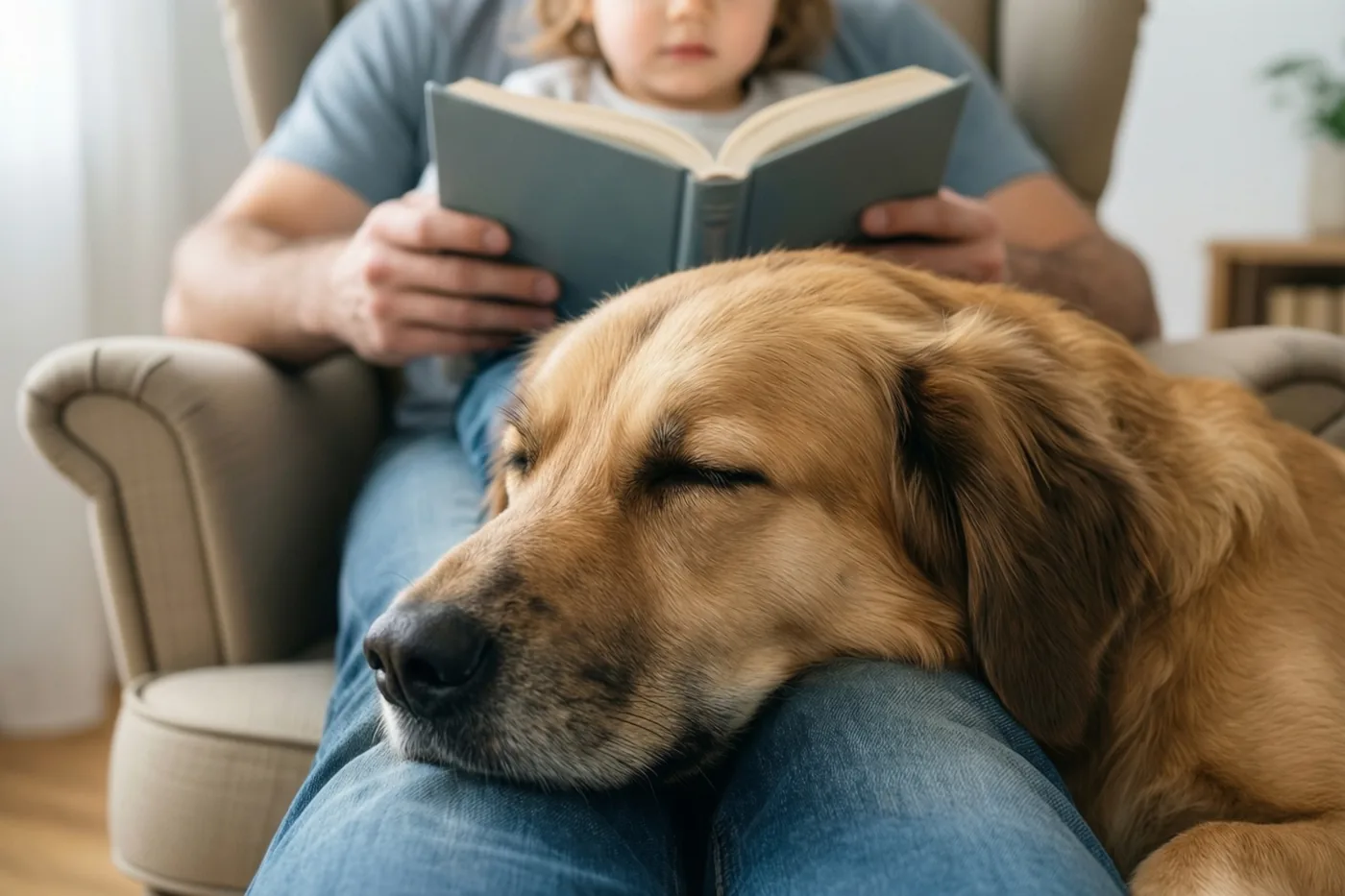 Een golden retriever slaapt met zijn kop op de schoot van iemand die in een fauteuil een boek voorleest aan een kind van wie het gezicht buiten beeld valt.