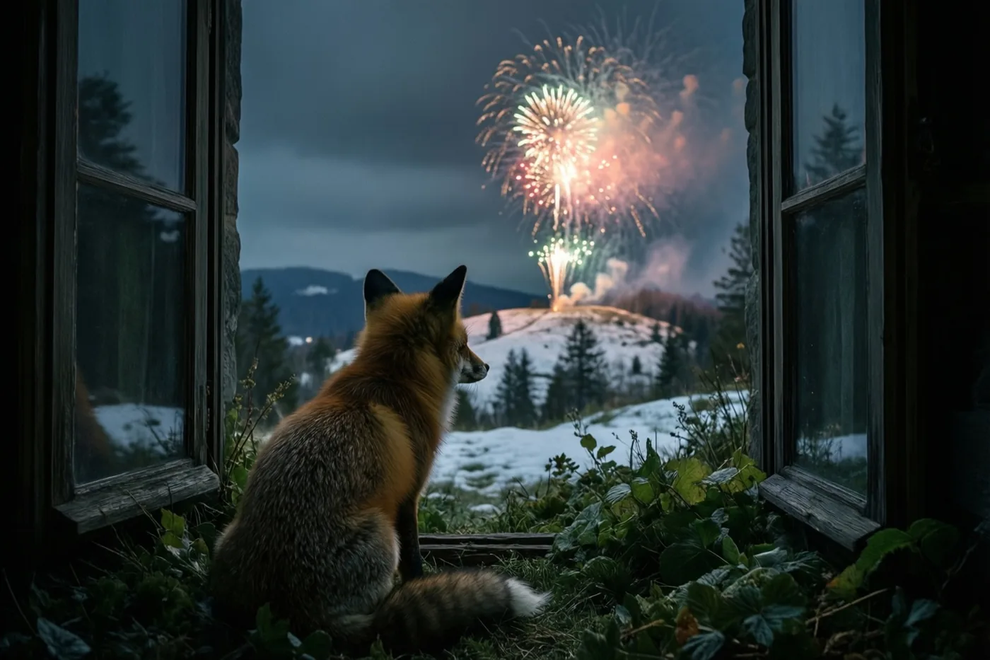 Een vos zit 's nachts op een besneeuwde helling en kijkt door een raam naar vuurwerk in de verte, met donkere bomen onder een bewolkte hemel.