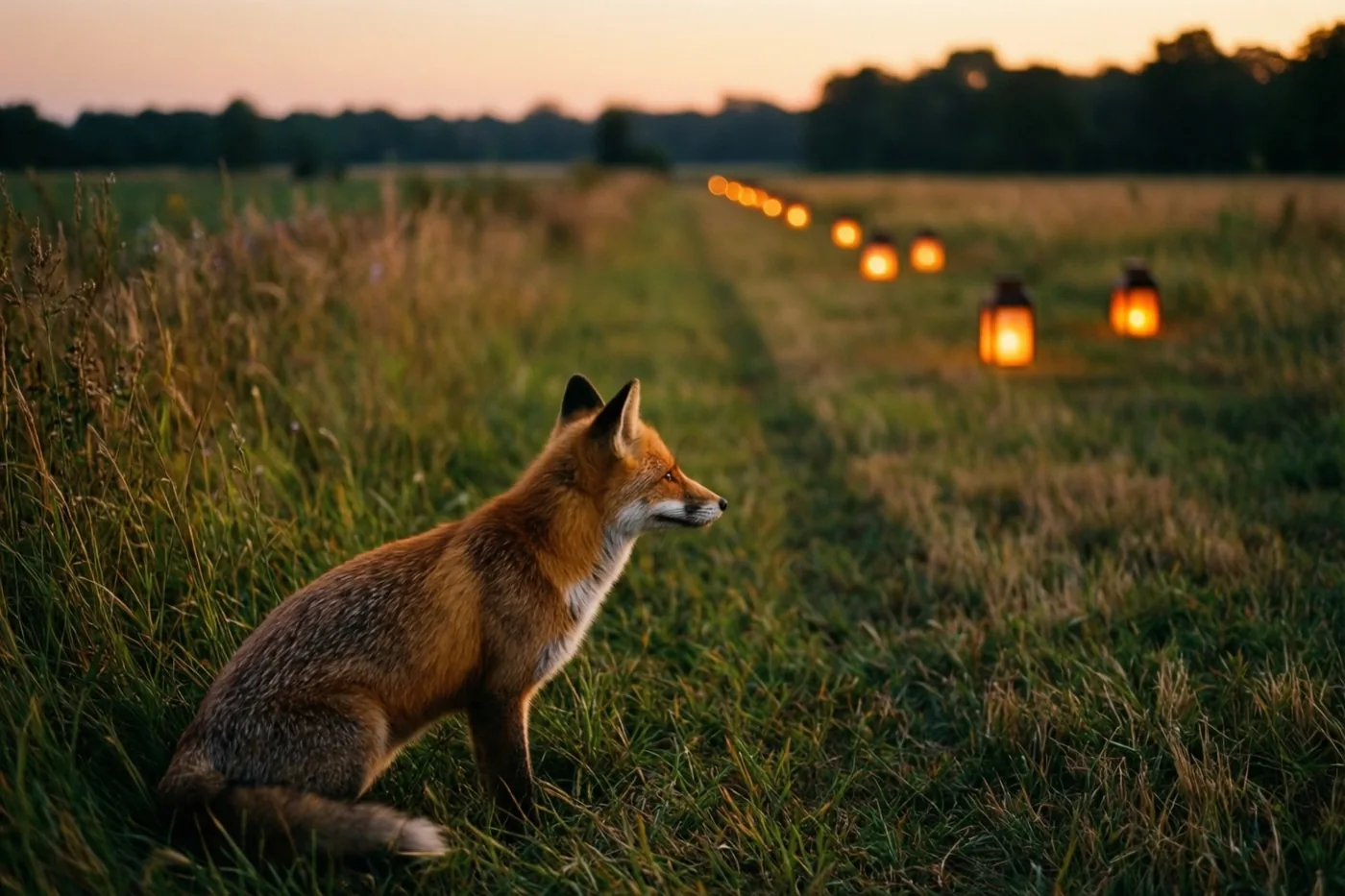 Een rode vos zit bij valavond in hoog gras en kijkt naar een rij brandende lantaarns in de verte, in warme oranje en groene tinten.