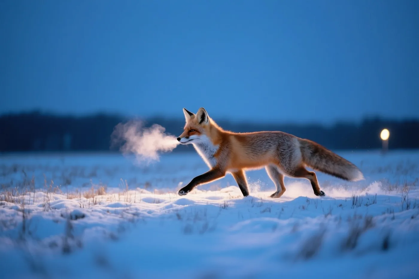 Een rode vos draaft door een besneeuwd veld met een wit ademwolkje, onder een diepblauwe schemerlucht met een warm licht in de verte.