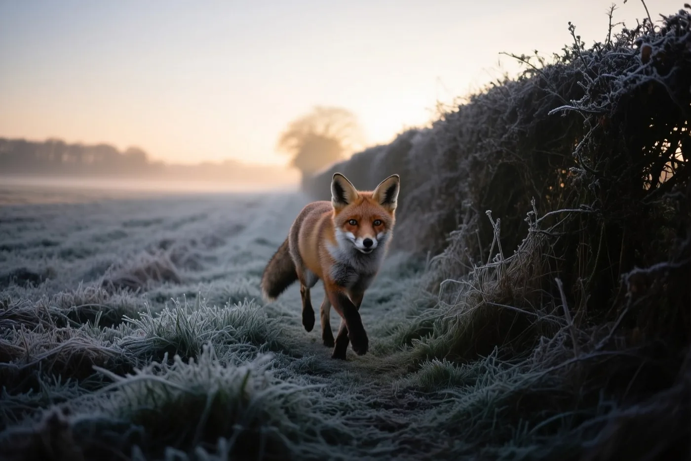 Een rode vos draaft bij zonsopgang langs een berijpte haag in een veld met zacht, warm licht en koele blauwe en witte tinten.