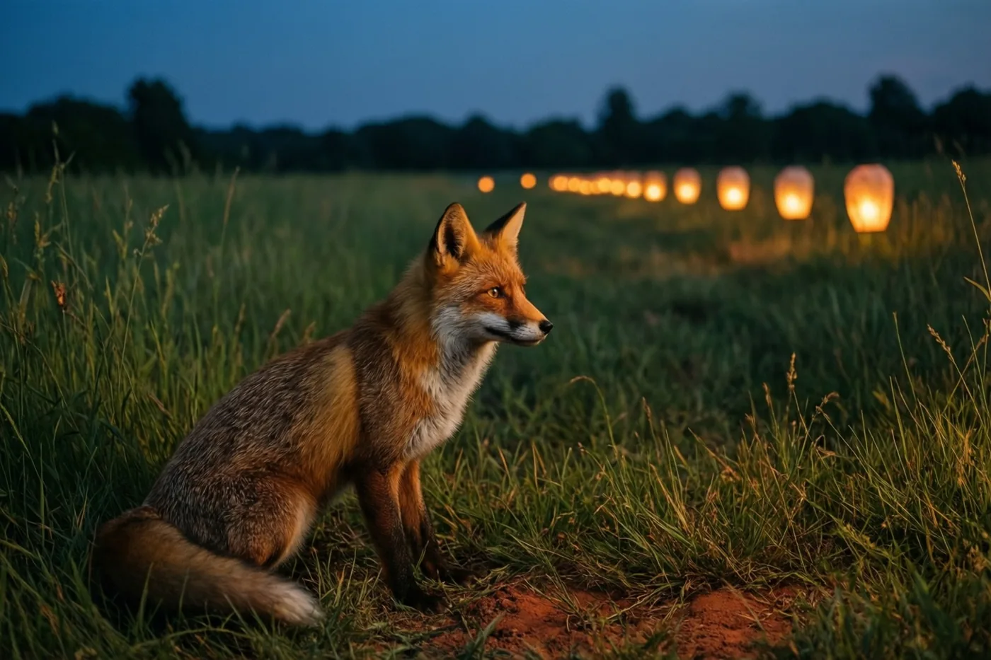 Een rode vos zit bij valavond in hoog gras en kijkt naar een rij brandende lantaarns in de verte onder een donker wordende hemel.