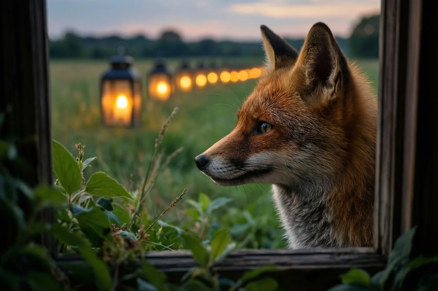 Een rode vos kijkt door een houten raamkozijn naar een rij brandende lantaarns in een veld bij valavond, met groen op de voorgrond.
