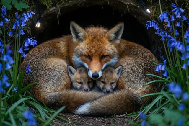 Een moedervos ligt bij de ingang van een hol in het bos rond twee slapende jongen gekruld, tussen blauwe boshyacinten.