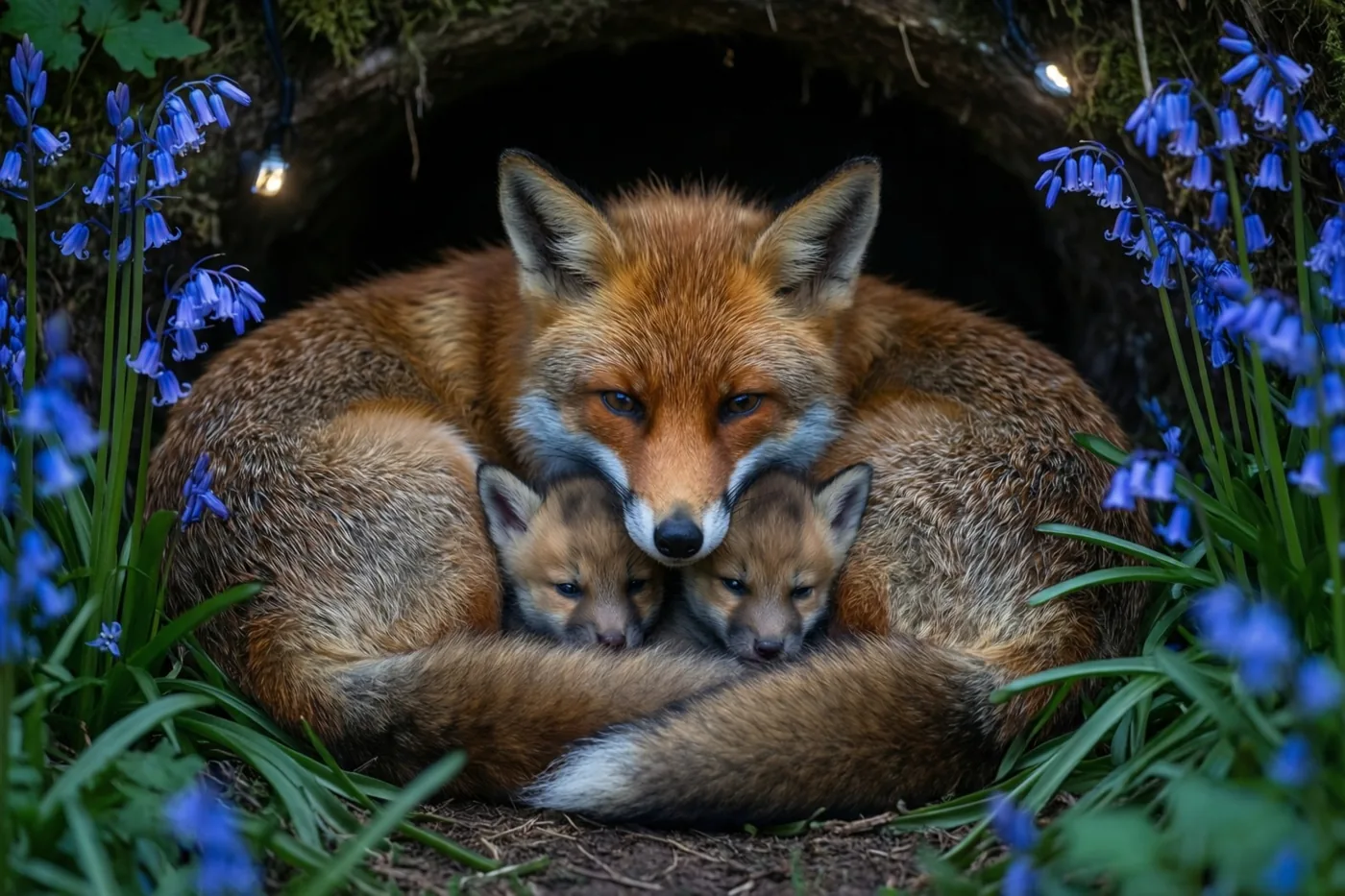 Een moedervos ligt bij de ingang van een hol in het bos rond twee slapende jongen gekruld, tussen blauwe boshyacinten.