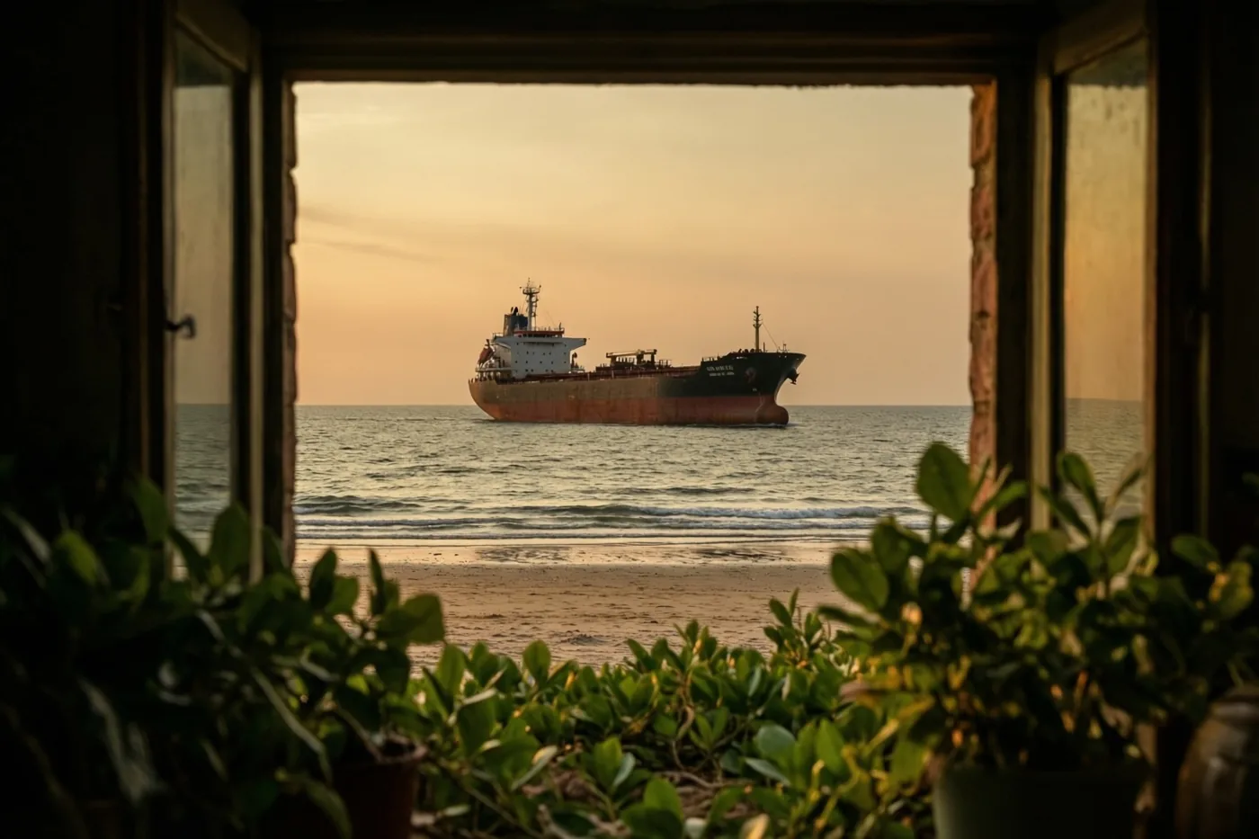 Door een open raam bij een strand is een vrachtschip aan de horizon te zien bij schemering in gouden en oranje tinten.