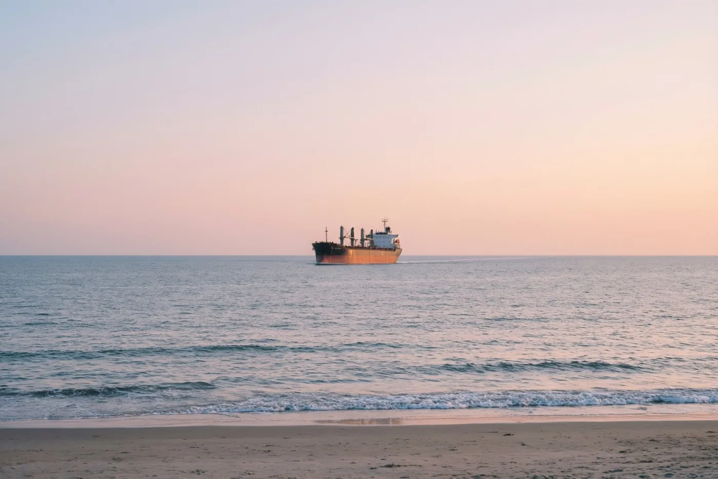 Vanaf een zandstrand met zachte golven is bij schemering een groot vrachtschip aan de horizon te zien in roze en blauwe tinten.