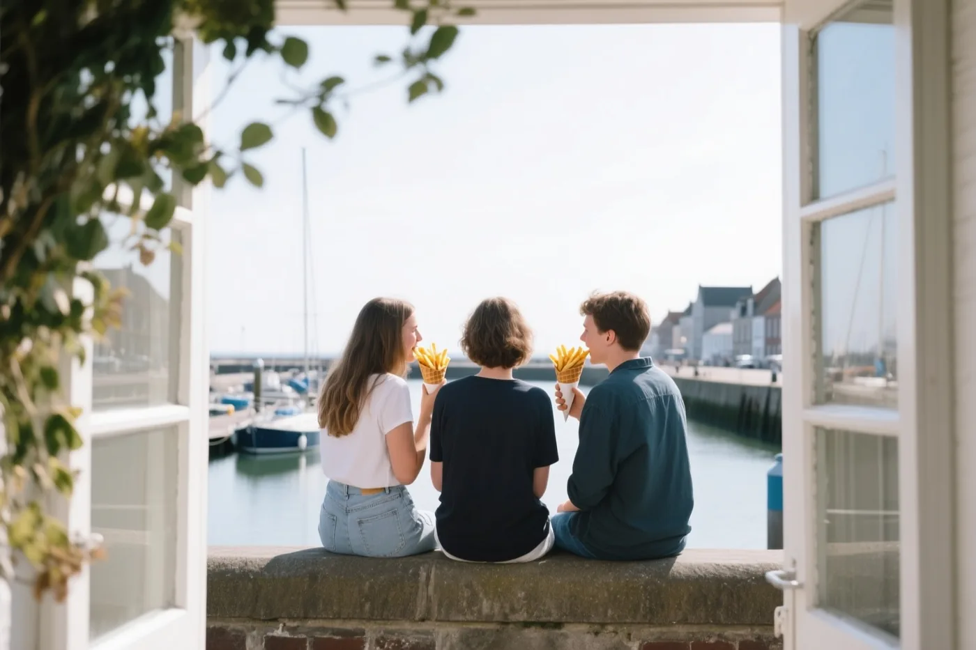 Door een wit raam met groen aan de linkerkant zijn drie vrienden op een havenmuur te zien, elk met een papieren puntzak frieten onder een heldere hemel.
