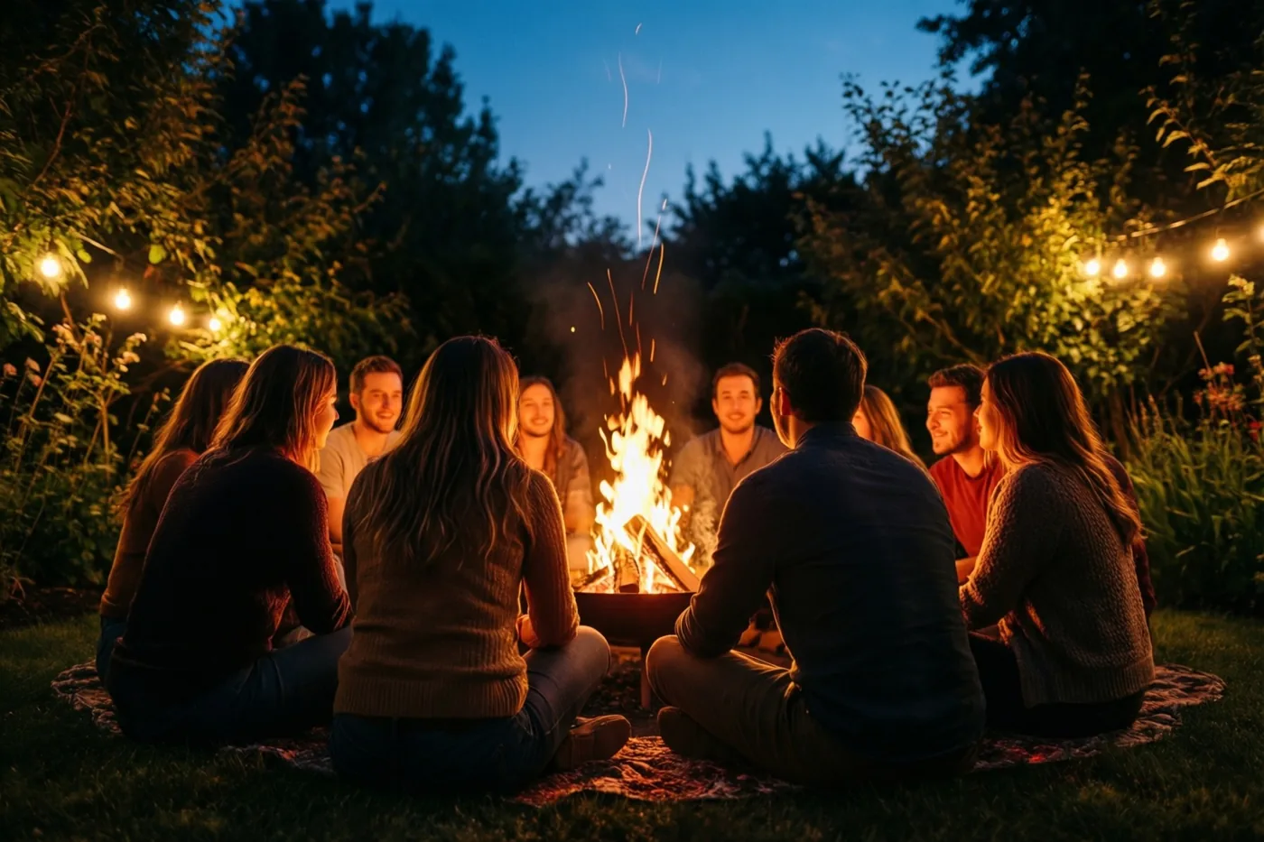 Een groep vrienden zit van achteren gezien in een kring rond een brandende vuurkorf in een tuin bij schemering, met lichtslingers, bomen en een donker wordende hemel.