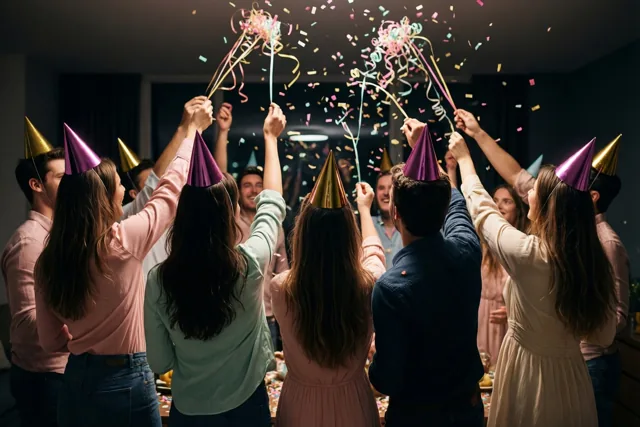 Een groep vrienden met feesthoedjes gooit van achteren gezien kleurrijke serpentines omhoog in een warm verlichte ruimte met vallende confetti.