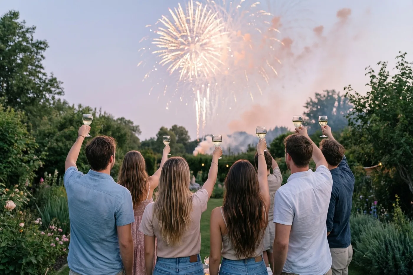 Een groep vrienden staat van achteren gezien in een tuin en heft wijnglazen naar vuurwerk in een schemerlucht met zachte blauwe, groene en gouden tinten.
