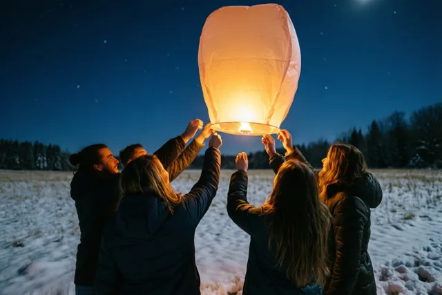 Vrienden laten van achteren gezien een lichtgevende papieren lantaarn op boven een besneeuwd veld onder een donkerblauwe sterrenhemel.