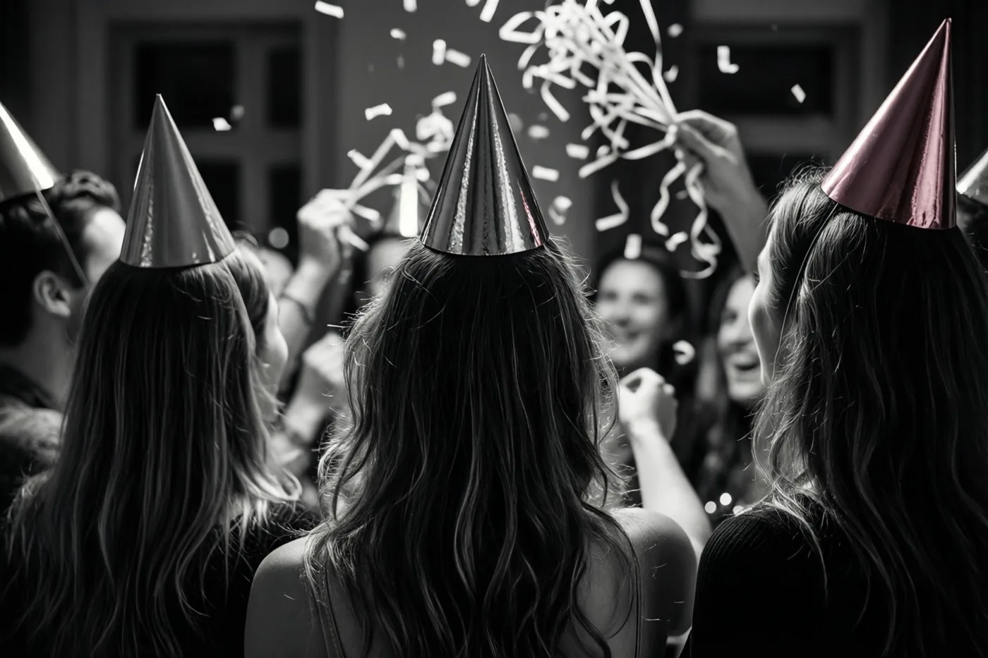 Op een zwart-witfoto gooit een groep vrienden met feesthoedjes van achteren gezien serpentines in de lucht tijdens een nieuwjaarsfeest.