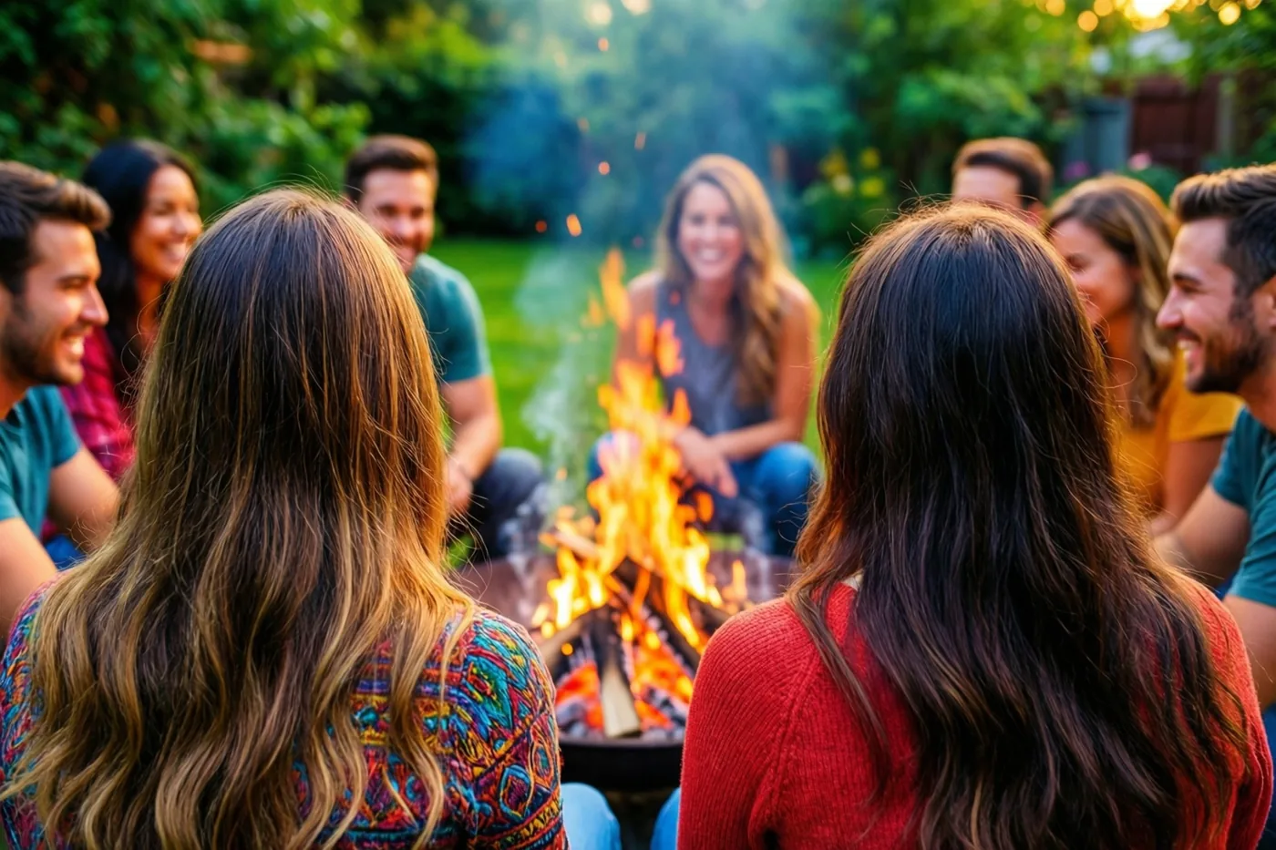 Een groep vrienden zit met de rug naar de kijker in een kring rond een brandende vuurkorf in een groene tuin met warm goudkleurig licht.