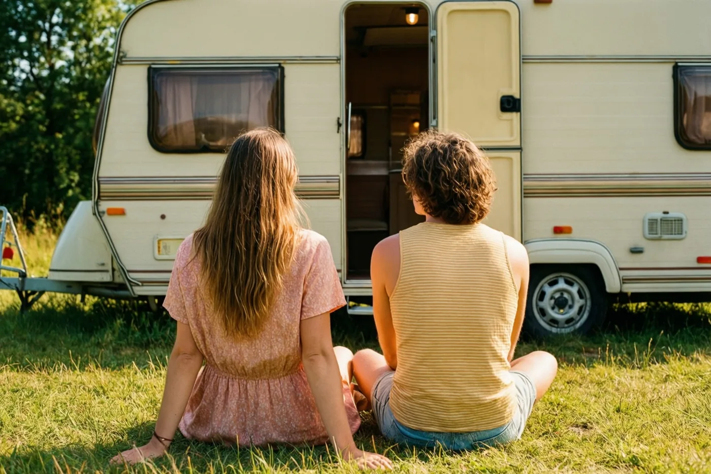 Twee vrienden zitten met hun rug naar de kijker op het gras voor een oude crèmekleurige caravan met een open deur, in warm, vervaagd zomerlicht.