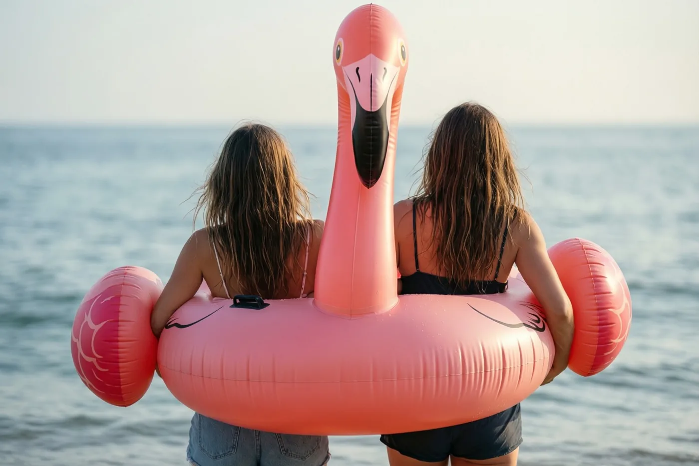 Twee langharige vrouwen staan met hun rug naar de camera aan de rand van de zee en houden een grote roze opblaasflamingo vast in zacht, warm licht.