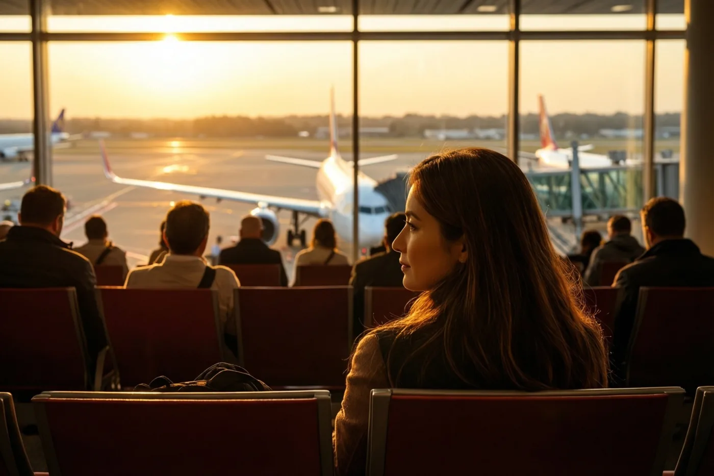 Een vrouw met lang haar zit in een vertrekhal en kijkt door een groot raam naar een zonsondergang boven het vliegveld met geparkeerde vliegtuigen.