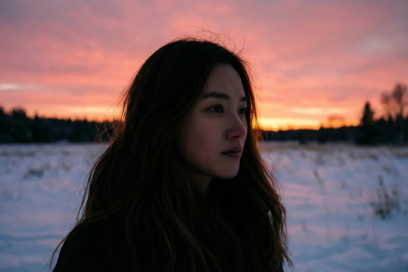 Een vrouw met lang donker haar staat in profiel voor een besneeuwde vlakte onder een roze en oranje hemel bij zonsondergang.