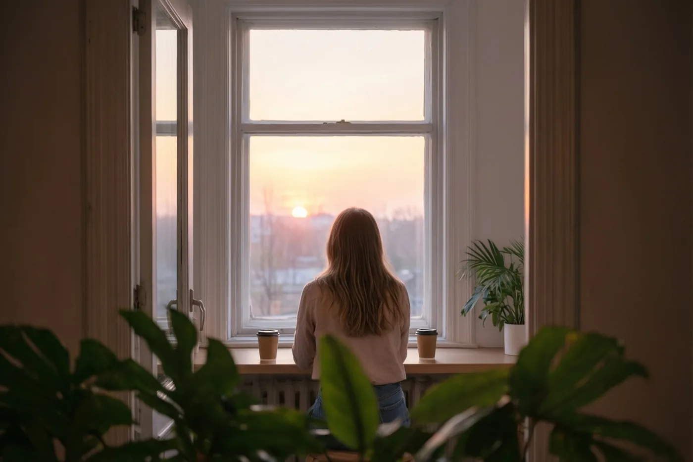 Een vrouw met lang haar zit met haar rug naar de kijker bij een vensterbank met twee koffiekopjes en kijkt naar de zonsopgang in zachte oranje en beige tinten.