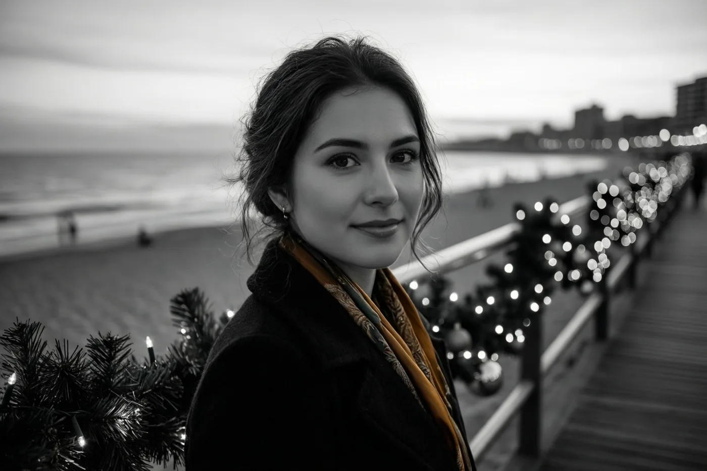 Een vrouw met een donkere jas en een sjaal staat bij schemering op een promenade aan zee en kijkt naar de camera, met kerstlichtjes aan de leuning en het strand en de zee achter haar.