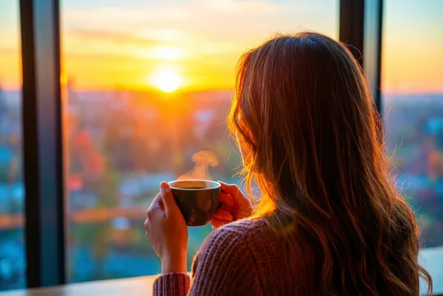 Een vrouw met lang haar houdt een dampend koffiekopje vast en kijkt, met haar rug naar de kijker, door een hoog raam naar een zonsopgang boven de stad in oranje en gele tinten.